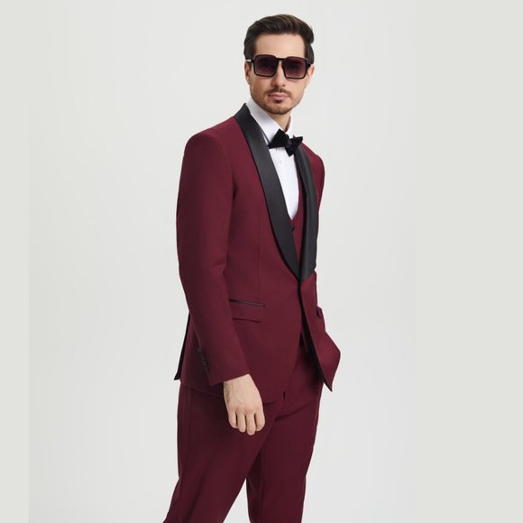 Stacy Adams 3pc Mens Tuxedo Hybrid Fit Shawl Lapel, Burgundy - Picture 3 of 6